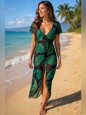 NWOT Sheer Tropical Leaf Midi Dress Mesh Ruched Adjustable Front Tie Medium